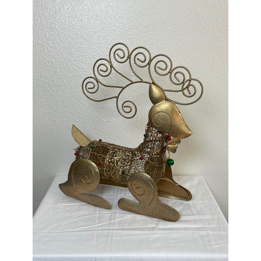 Reindeer Figurine Holiday Gold 15.5in Christmas Glitter Mesh Bells‎ Unbranded